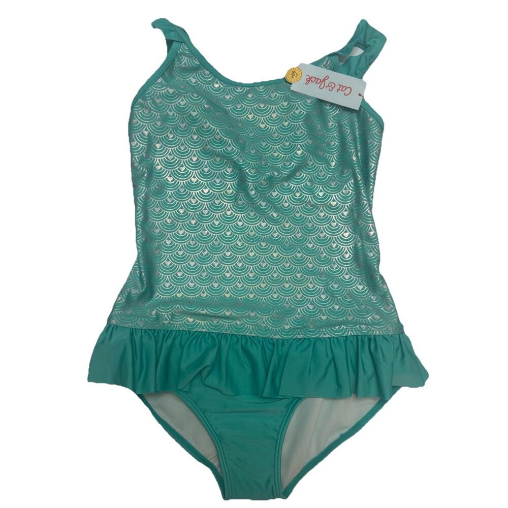 Cat & Jack Girls Plus L One Piece Swimsuit Aqua Silver Scallop NWT UPF 50